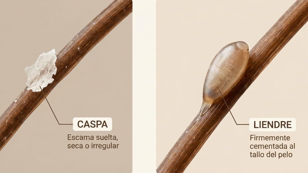 Comparativa visual entre una escama de caspa suelta y una liendre pegada al tallo del cabello