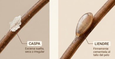 Comparativa visual entre una escama de caspa suelta y una liendre pegada al tallo del cabello