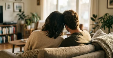 Dos adultos sentados en un sofá, vistos de espaldas, con las cabezas apoyadas la una contra otra